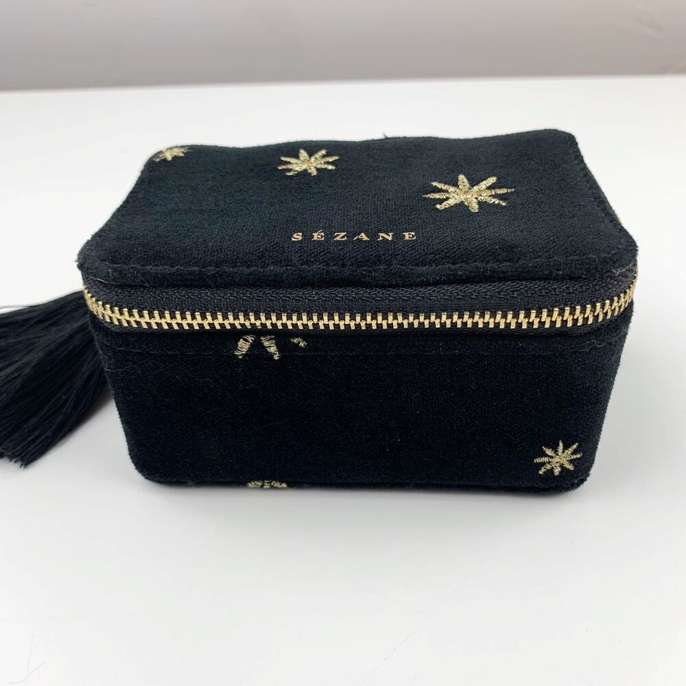 Sezane Jewelry Box Case Black Velvet Gold Daisy Stars Tassels Small Zip Around - Picture 4 of 9